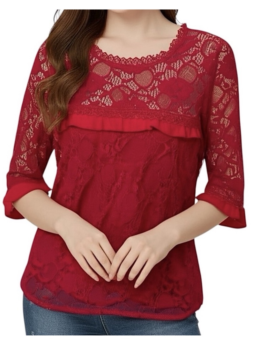 Available by Angela Floral Lace Mesh Ruffle Trim Top Red Preppy Business Office